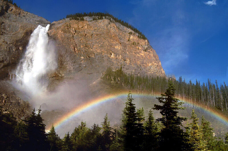 Rainbow over Waterfall — Blue, Serene, Afternoon, Photograph, Mountain