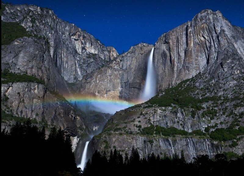 Rainbow over Waterfall — Blue, Serene, Night, Photograph, Mountain
