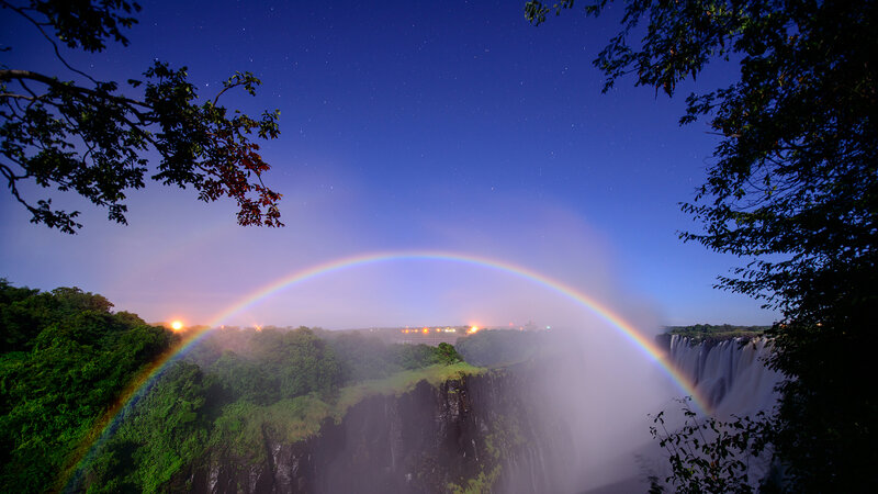 Rainbow over Waterfall — Blue, Serene, Night, Photograph