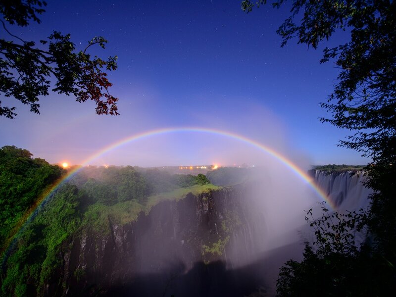 Rainbow over Waterfall — Blue, Serene, Night