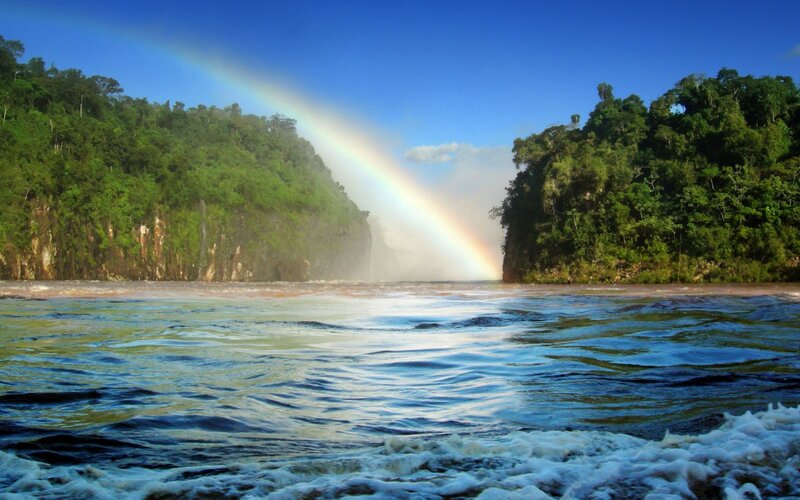 Rainbow over Waterfall — Blue, Serene