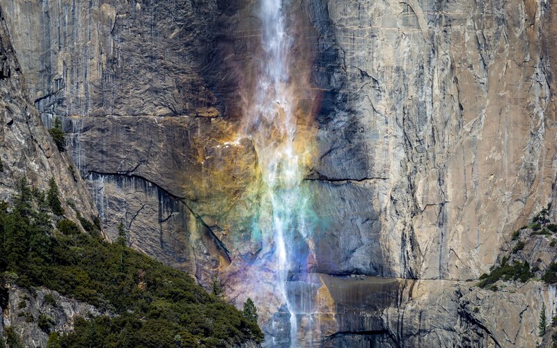 Rainbow over Waterfall — Gray, Dramatic, Afternoon