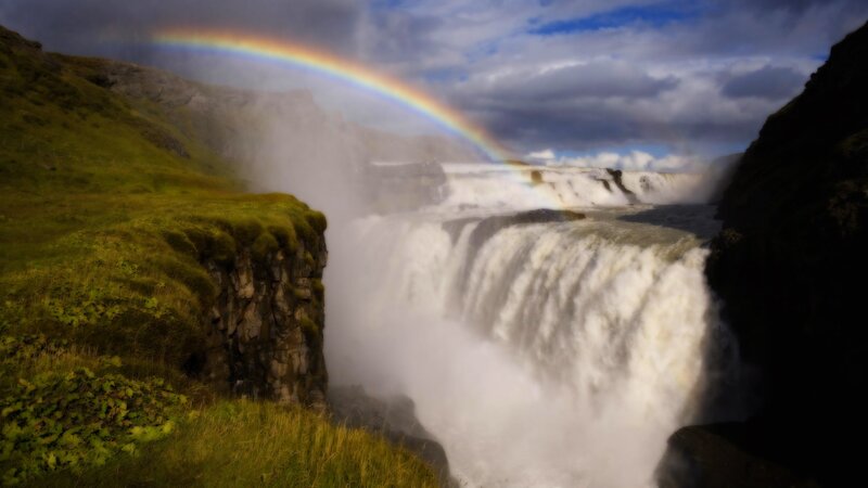 Rainbow over Waterfall — Green, Dramatic, Afternoon, Photograph, Cliff