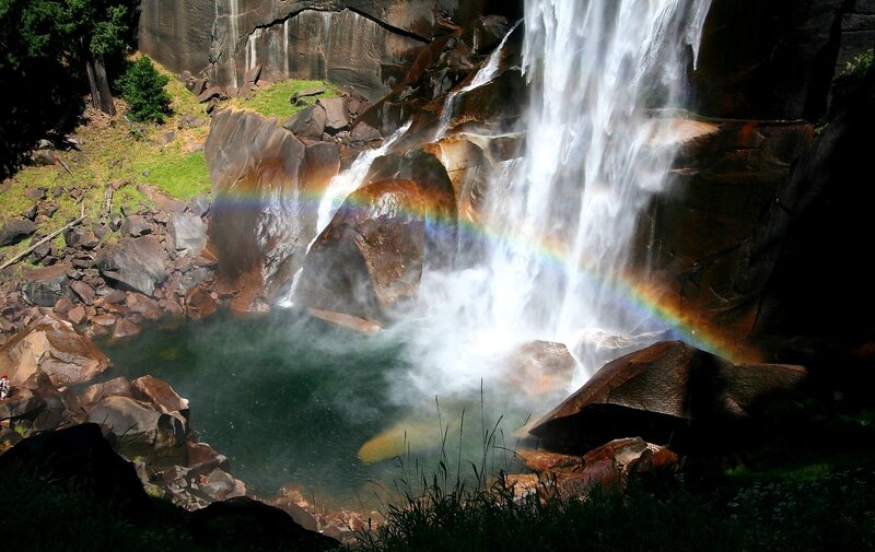 Rainbow over Waterfall — Green, Dramatic, Afternoon, Photograph, Pool