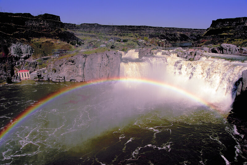 Rainbow over Waterfall — Green, Dramatic, Afternoon, Photograph, River