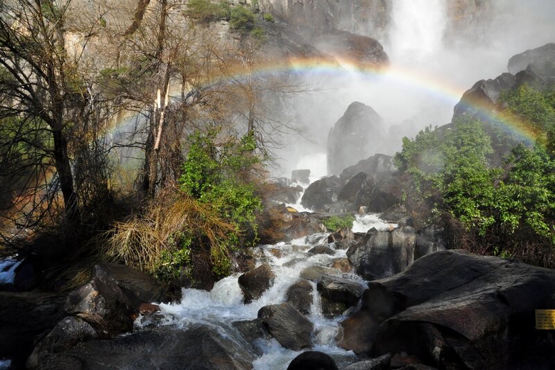 Rainbow over Waterfall — Green, Dramatic, Afternoon, Photograph, Rocks