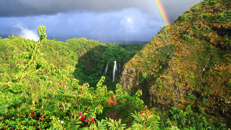 Rainbow over Waterfall — Green, Dramatic, Afternoon, Photograph