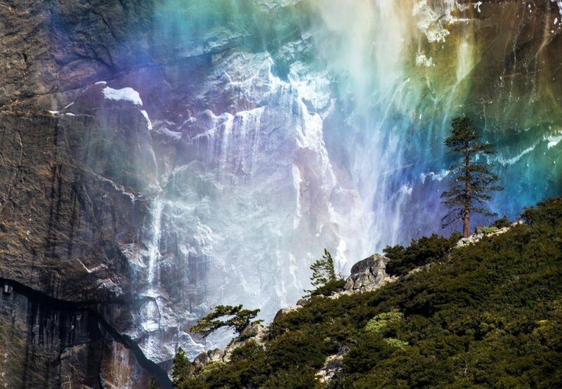 Rainbow over Waterfall — Green, Dramatic, Afternoon, Photograph, Tree