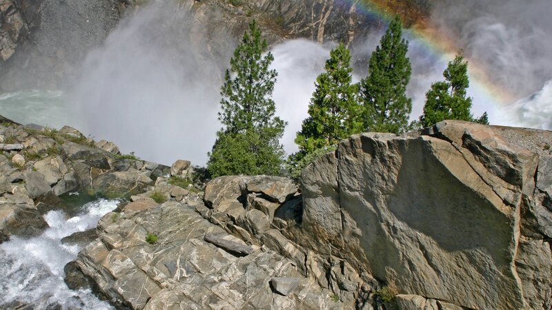Rainbow over Waterfall — Green, Dramatic, Afternoon, Photograph, Trees, Rocks, Mist