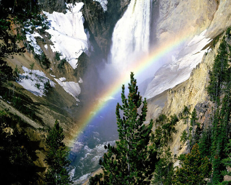 Rainbow over Waterfall — Green, Dramatic, Spring, Photograph, Snow