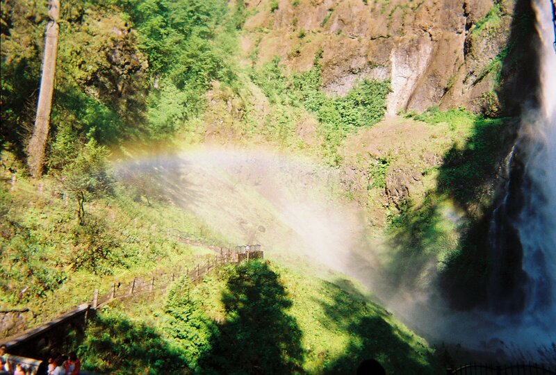 Rainbow over Waterfall — Green, Natural, Afternoon
