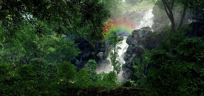 Rainbow over Waterfall — Green, Serene, Afternoon, 3d Render