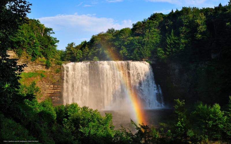 Rainbow over Waterfall — Green, Serene, Afternoon, Photograph, Forest, River