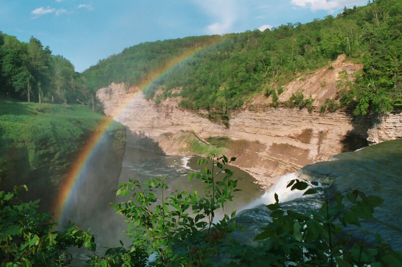 Rainbow over Waterfall — Green, Serene, Afternoon, Photograph, River