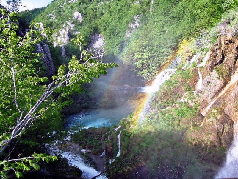 Rainbow over Waterfall — Green, Serene, Afternoon