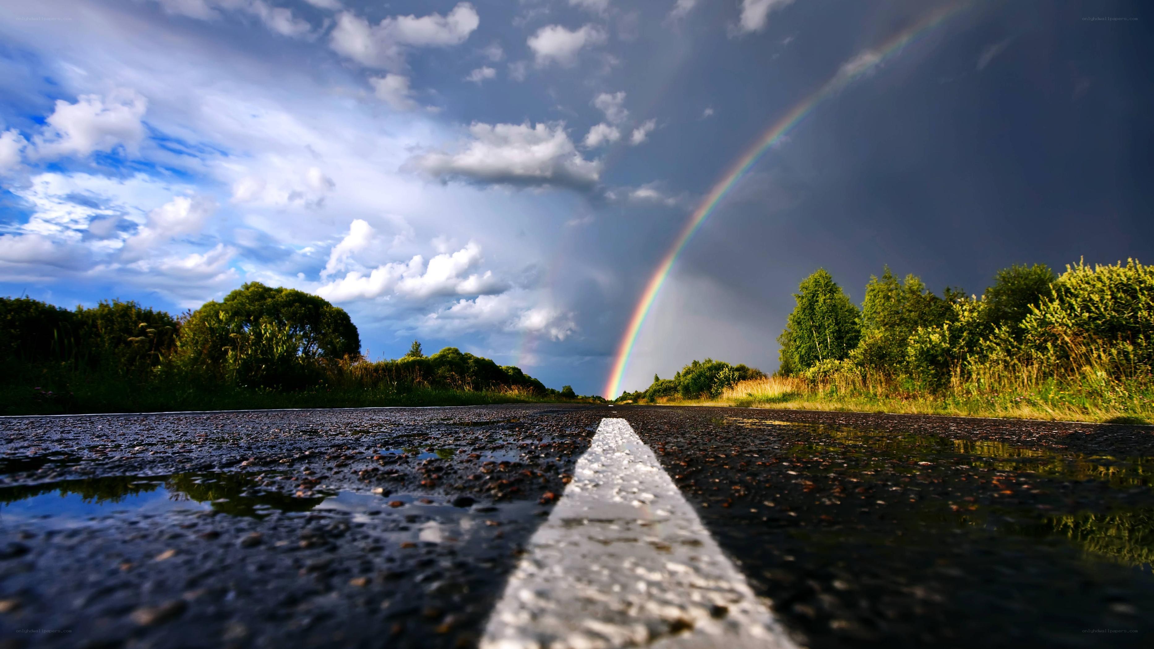 Rainbow over wet road
