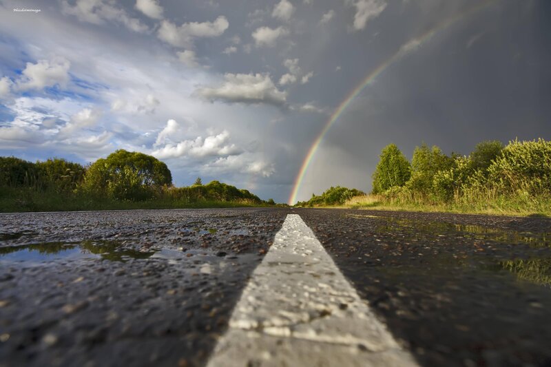 Rainbow over Wet Road — Gray, Dramatic, Afternoon, Photograph