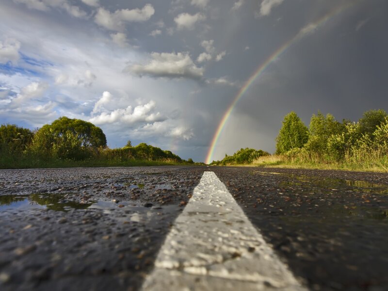 Rainbow over Wet Road — Gray, Dramatic, Afternoon