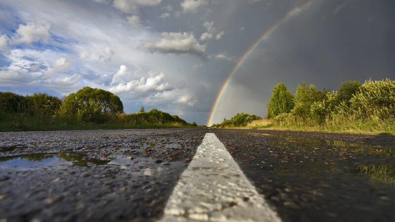 Rainbow over Wet Road — Gray