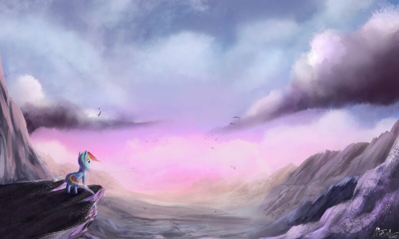 rainbow pony on a cliff