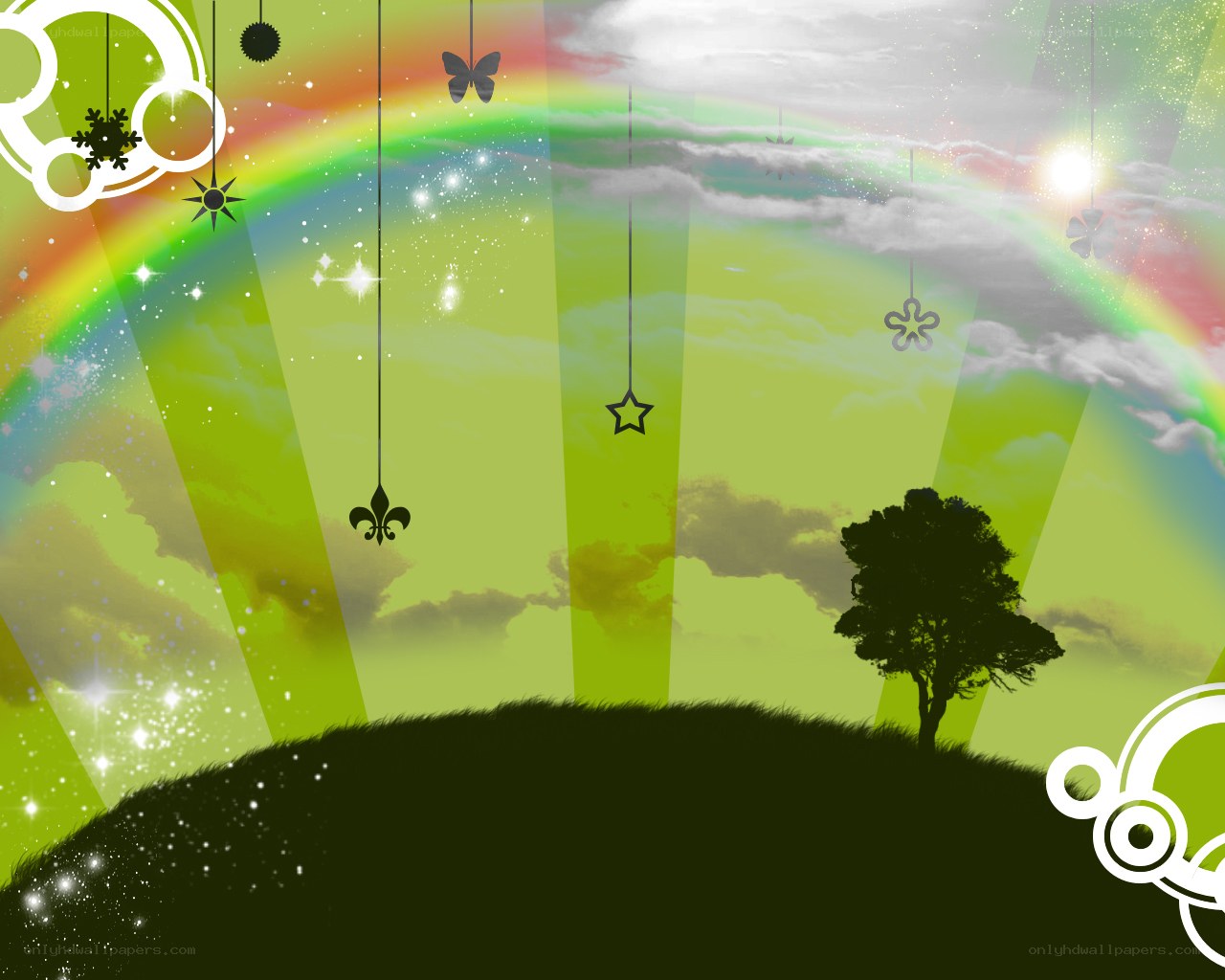rainbow sky with hanging ornaments