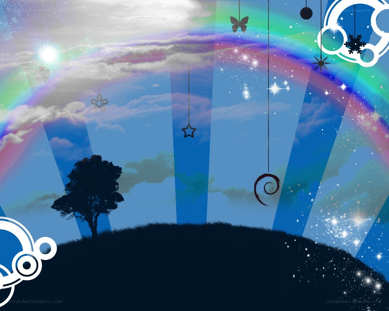 rainbow sky with hanging symbols