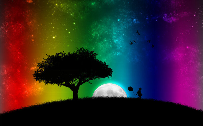 rainbow sky with moon and tree