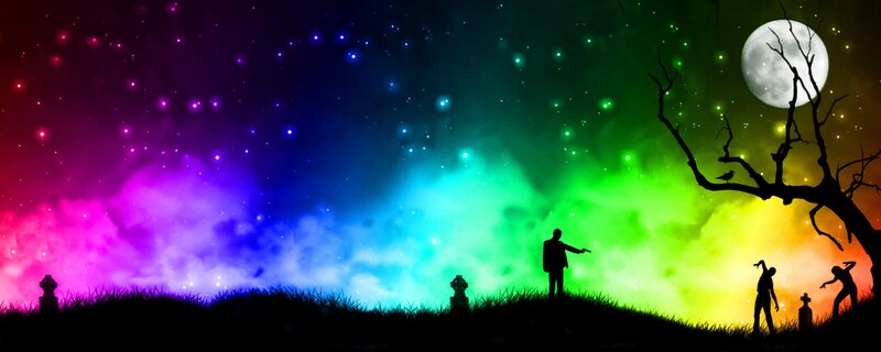 Rainbow sky with silhouettes