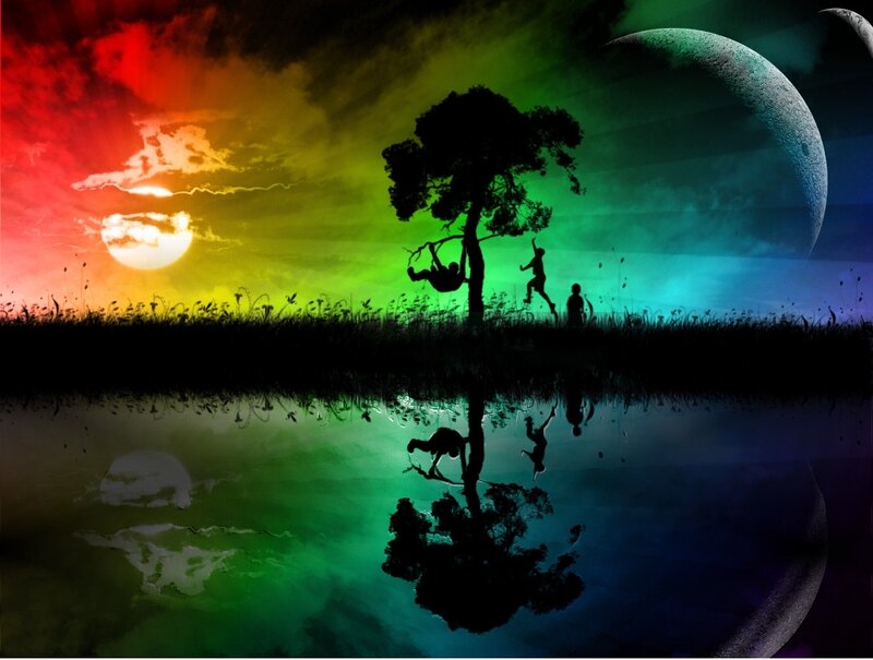 Rainbow sunset with tree and moon