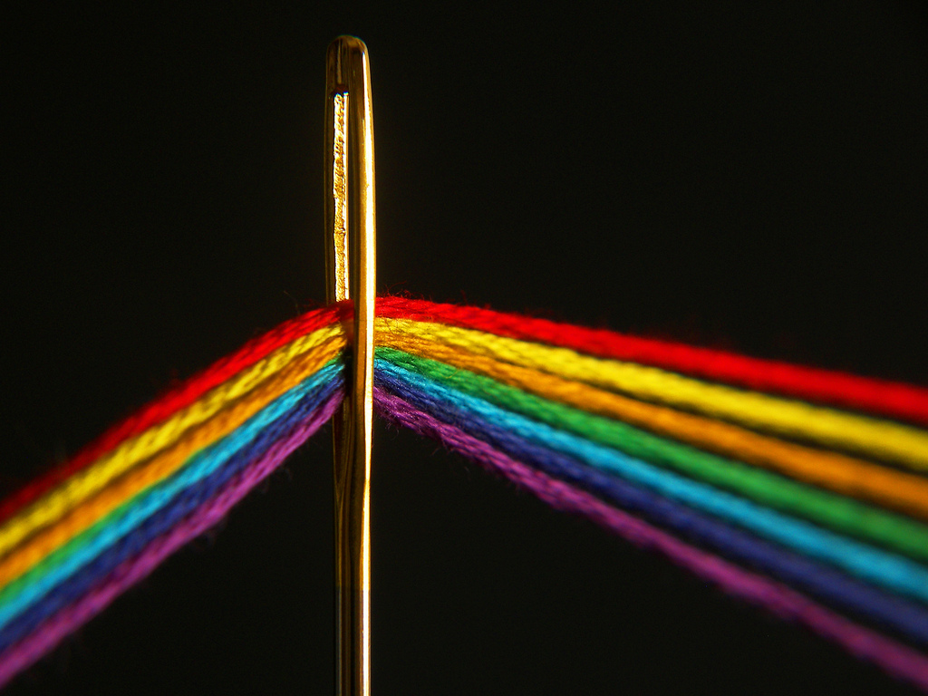 Rainbow thread through needle