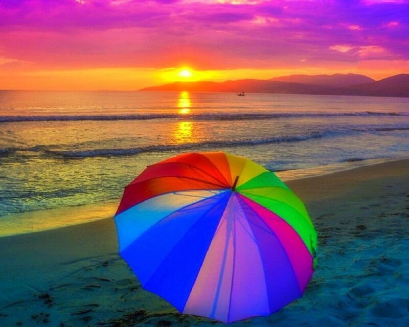 Rainbow Umbrella on Beach — Purple
