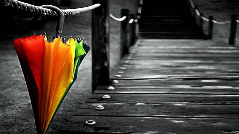 Rainbow Umbrella on Dock — Red, Dramatic
