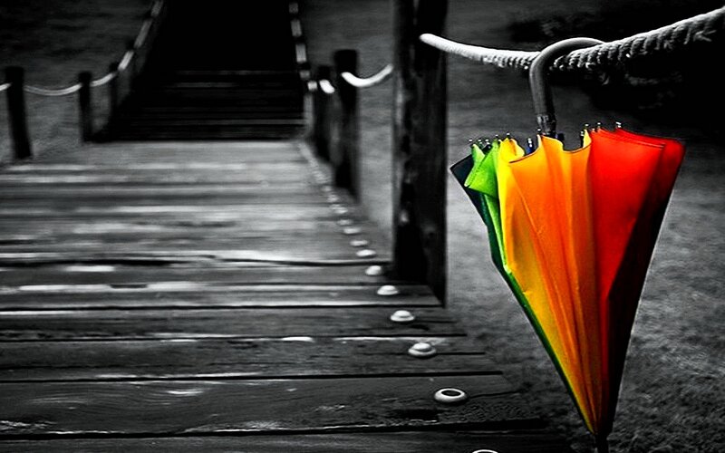 Rainbow Umbrella on Dock — Red
