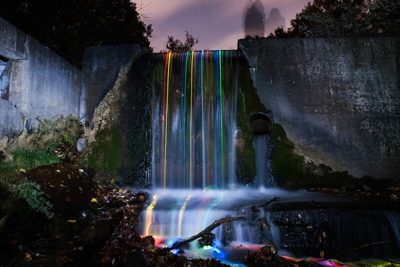 Rainbow waterfall at night