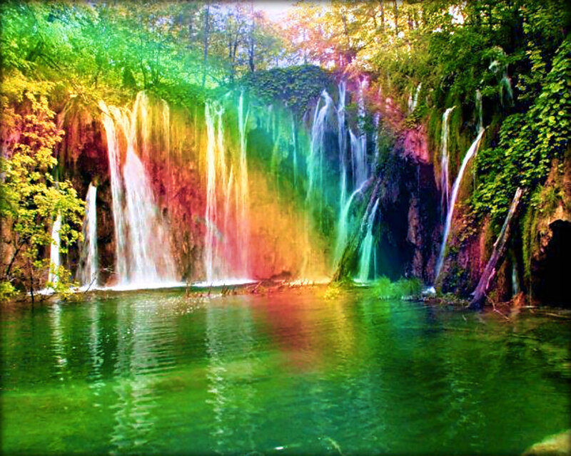 Rainbow Waterfall — Green, Serene, Afternoon, Digital Art