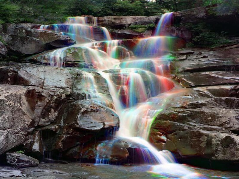 Rainbow Waterfall — Green, Serene, Photograph, Rocks