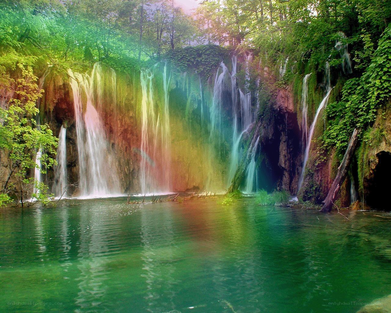 Rainbow waterfall in forest