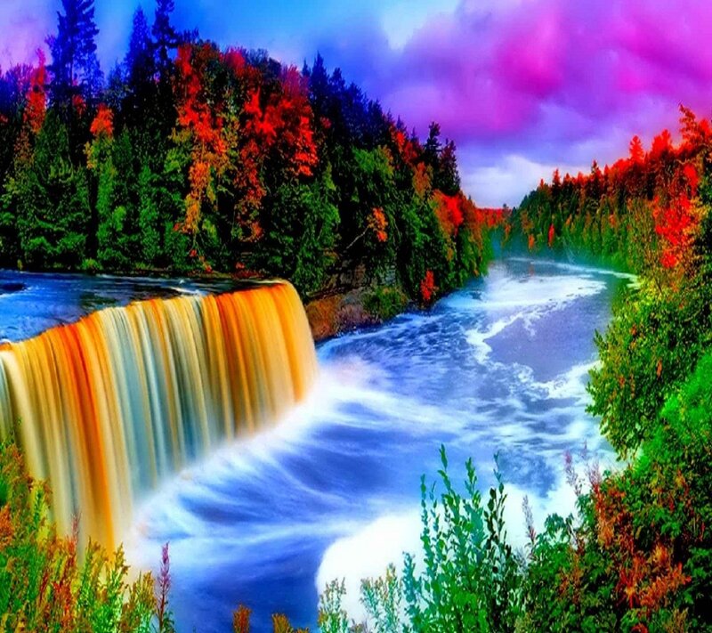 Rainbow Waterfall in Forest — Blue