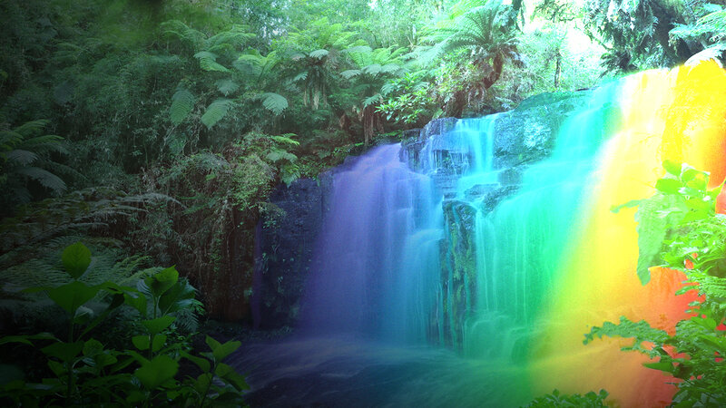 Rainbow Waterfall in Forest — Green, Serene, Photograph