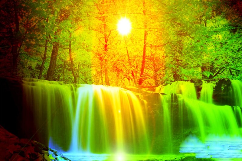 Rainbow Waterfall in Forest — Green, Serene