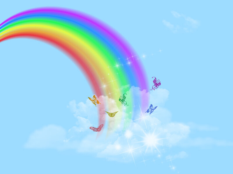Rainbow with butterflies in sky