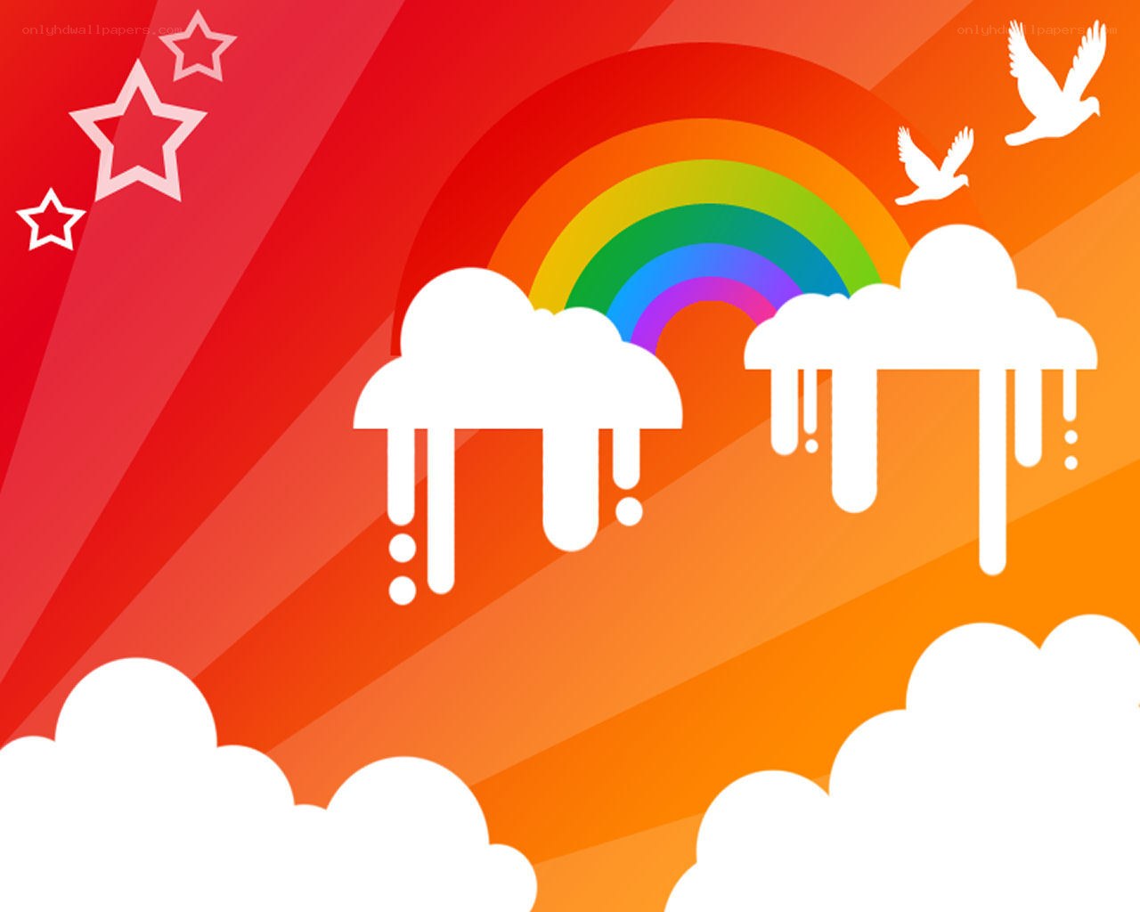 rainbow with clouds and birds