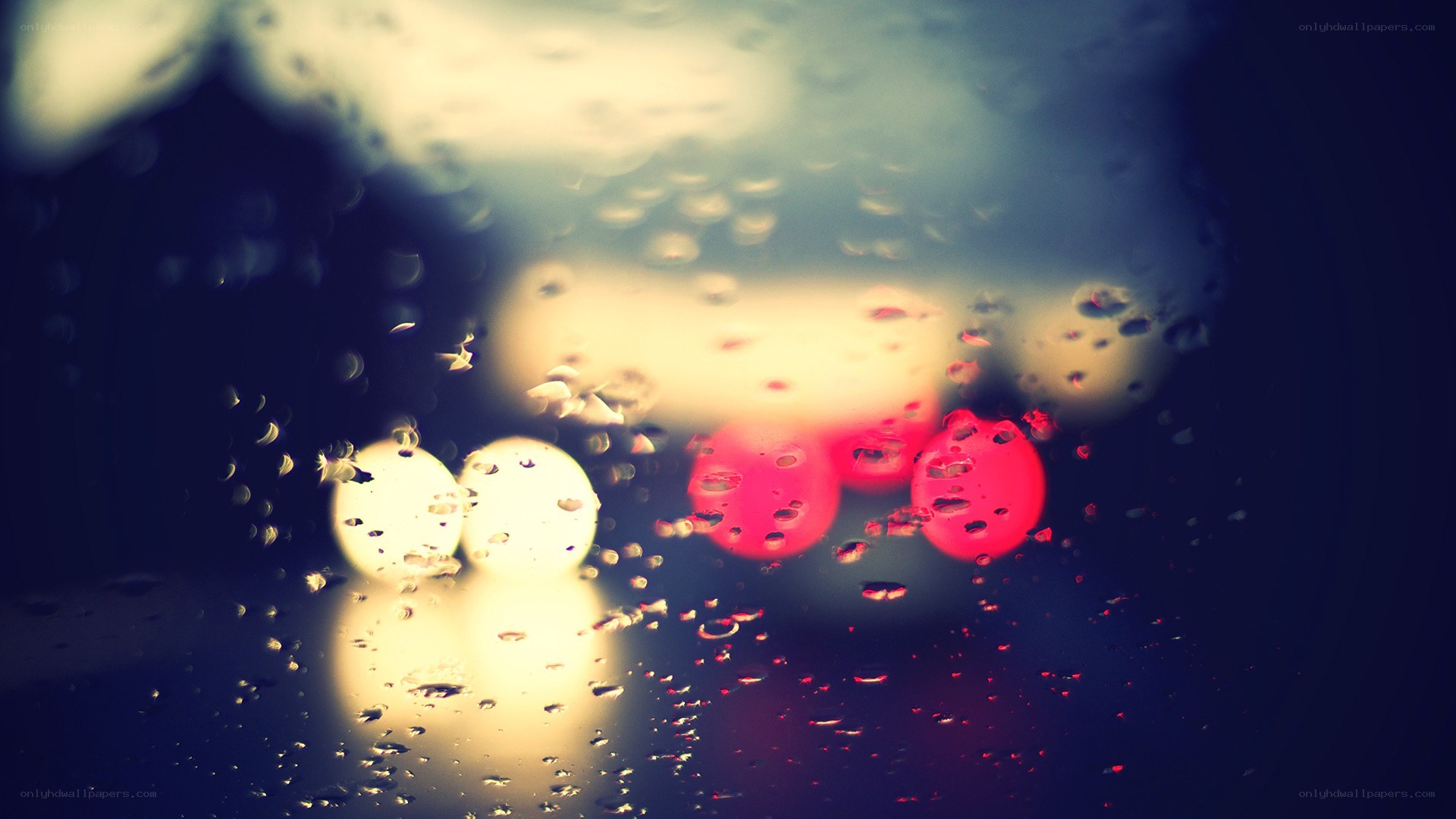Raindrops on a car window at night