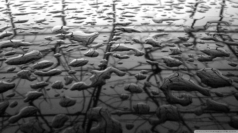 Raindrops on a reflective surface