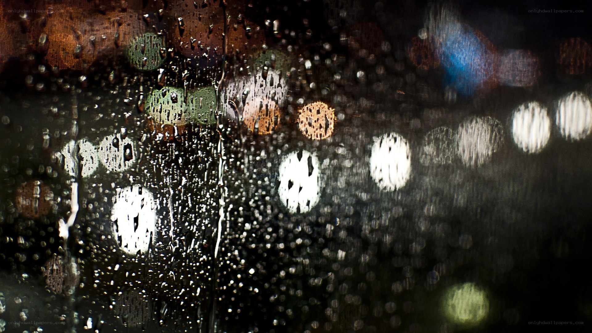 Raindrops on a window at night