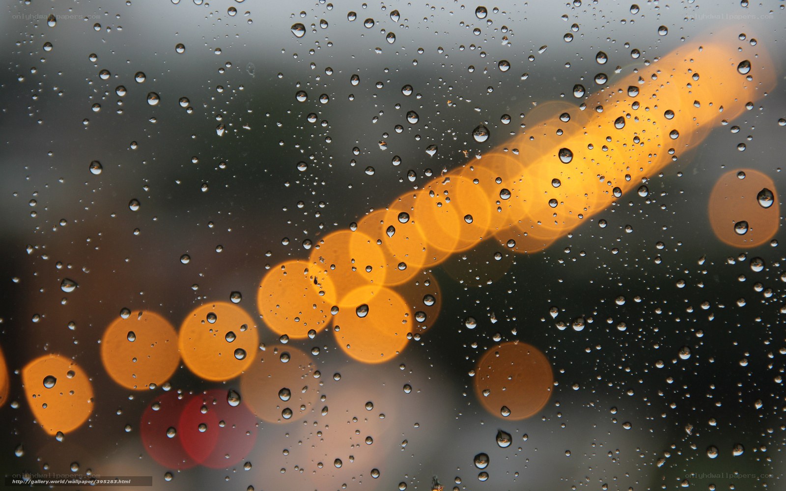 Raindrops on a window with bokeh lights