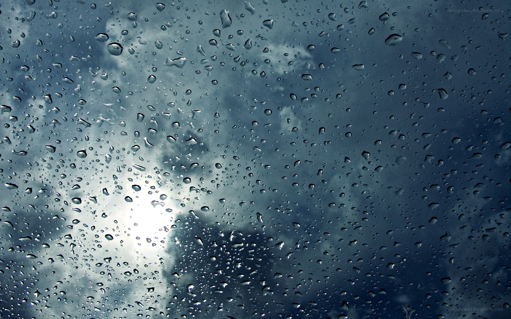 Raindrops on a window with cloudy sky