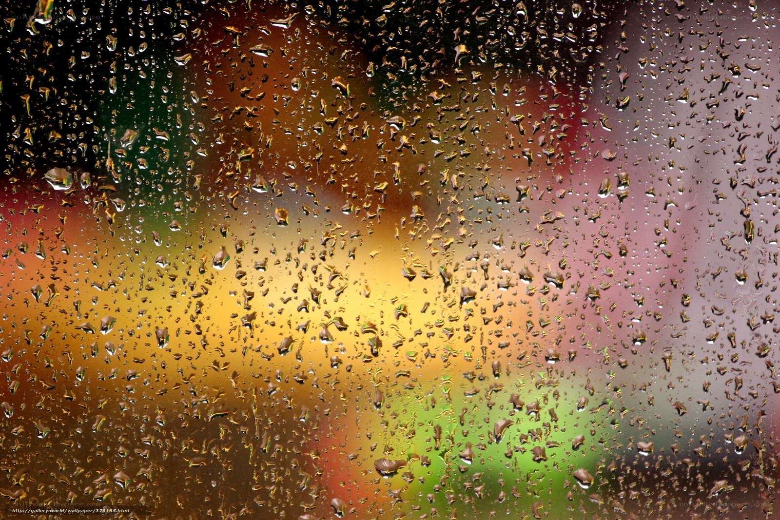 raindrops on a window with colorful lights