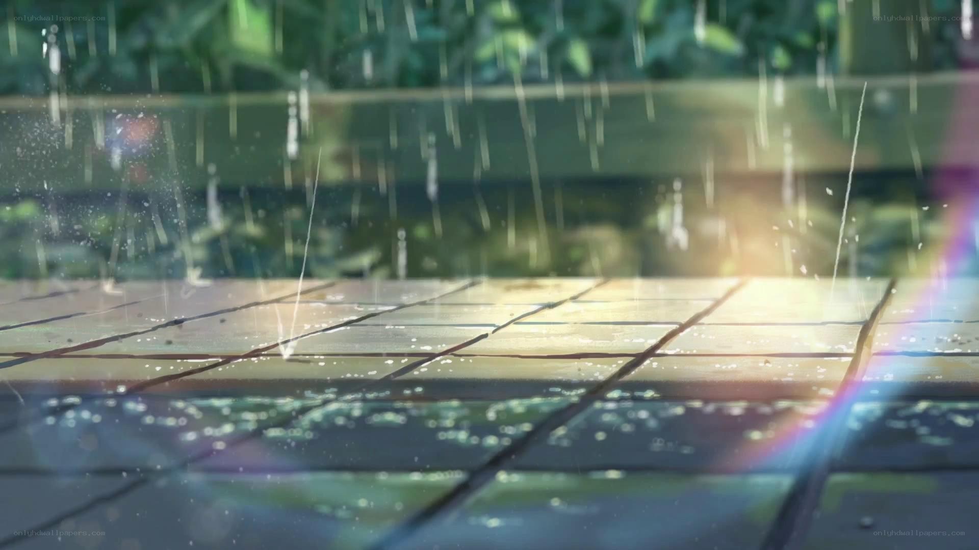 raindrops on a wooden deck