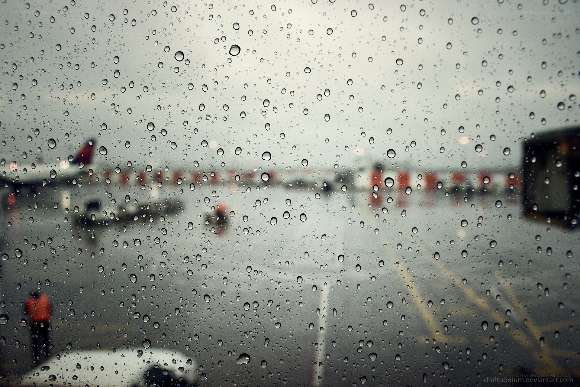 Raindrops on airport window